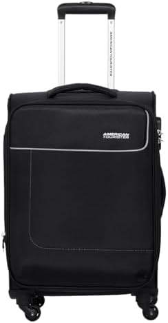 American Tourister Jamaica Suitcase, Cabin Size 58 cm, 4 Spinner Wheels, Soft Top, 100% Polyester, Black|TSA Combination Lock|Expandable|Front Pocket Storage|Corner Guard - 3 Years Global Warranty