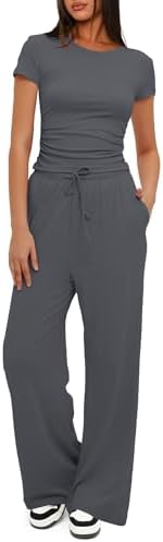 Darong Women's 2 Piece Set Outfits Lounge Sets Ruched Short Sleeve Tops High Waisted Wide Leg Pants Tracksuit Sets