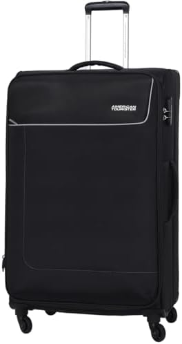 American Tourister Jamaica Suitcase, Check-In Size 69 cm / 25 inch, 4 Spinner Wheels, Soft Top, 100% Polyester, Black|TSA Lock|Expandable|Front Pocket Storage|Corner Guard - 3 Years Global Warranty