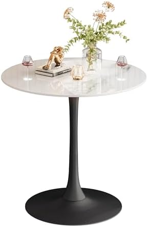 Wisfor Sintered Stone Round Bar Table: 76cm Glossy White Marble Tabletop 100cm Tall Black Leg Bar Cocktail Table Bar Furniture for Home Kitchen,Pub,Coffee Shop,Office, Apartment