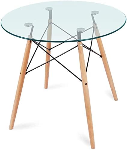 Mahmayi HYT12 110DIA Stylish Glass Round Table with Wooden Legs - Coffee Table for Living Room & Bedroom, Eiffel Support, Modern Centerpiece Furniture for Home Decor - 110CM (Translucent)