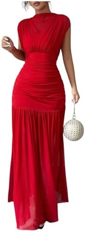 GORGLITTER Women's Ruched Flared Flowy Maxi Dresses Mock Neck Cap Sleeve Elegant Summer Dress