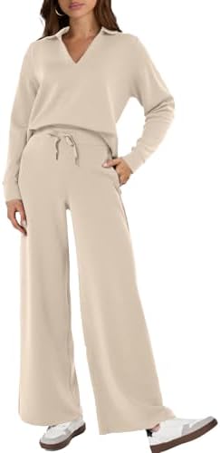 Glamaker 2-Piece Sweatsuit for Women, Casual, Long-Sleeved Polo Top and Wide-Leg Pants, Matching Set