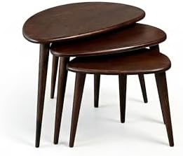 Solid Nesting Table Set of 3 - Oak Mid Century Pebble Tables with Tapered Legs – Wooden Home Furniture in a Retro Style