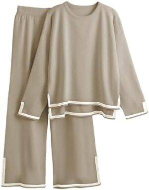 Faleave Women's 2-Piece Knit Set Featuring Long-Sleeved Sweater and Wide-Leg Sweatpants