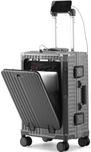 20-Inch Aluminum Framed multi-function Travel Luggage,With Spinner Wheels, Front opening lid，TSA lock Suitcase, Cup Holder & USB Port Charging，Mobile phone holder and hook(Grey)