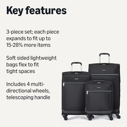 Amazon Basics Softside Carry-On Spinner Luggage Suitcase -Telescoping Handles, 3-Piece Set (21"/25"/30"), Black