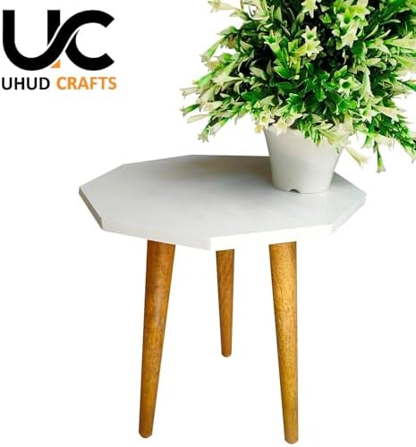 UHUD CRAFTS Beautiful Antique Wooden Fold-able Side Table/End Table/Plant Stand/Stool Living Room Kids Play Furniture Table Round Shape,White,Medium,UC-12