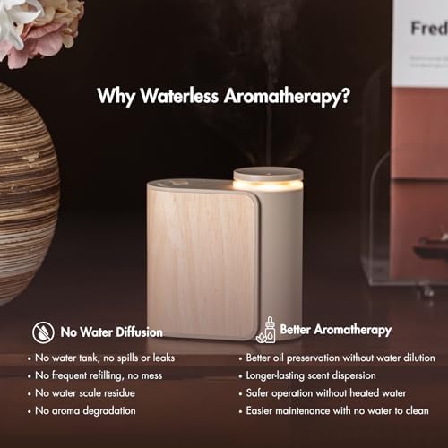 Waterless Essential Oil Diffuser with Solid Wood Lid, 3 Timers, 2 Mist Modes, Silent Dual Fluid Aroma Diffuser, Portable Waterless Fragrance Diffuser