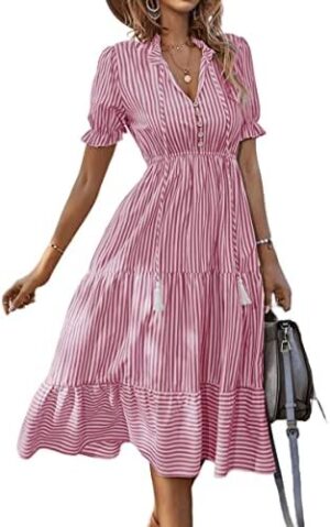 Shirt Dress for Women, Sleeveless V-Neck Striped Midi Dress, Pleated Ruffle Casual Button-Down Dress