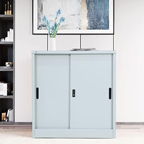 RIGID Curved Steel Sliding Doors Storage Cabinet | Metal Storage Unit with Key Lock & Adjustable Shelf | Heavy Duty Small Cupboard for Home Office Gym Hospital (Grey, 93.5H x 90W x 47D CM) -Assembled