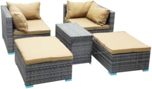 Multi Home Furniture Grey PE Rattan 5-Piece Outdoor Sofa Set with Golden Cushions – Outdoor Furniture with 2 Sofa Chairs, 2 Ottomans & 1 Coffee Table, Suitable for Balcony Furniture & Garden Furniture