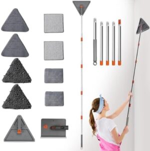 200cm Wall Cleaner Mop with Long Handle, 3-in-1 Adjustable Baseboard Cleaning Mop Sweeper, Triangle Ceiling Cleaning Tool Duster with Extendable Pole 2 Heads 8 Reusable Pads Squeegee for Window Floor