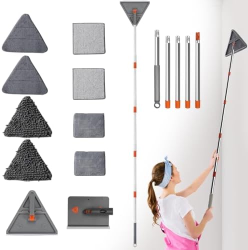 200cm Wall Cleaner Mop with Long Handle, 3-in-1 Adjustable Baseboard Cleaning Mop Sweeper, Triangle Ceiling Cleaning Tool Duster with Extendable Pole 2 Heads 8 Reusable Pads Squeegee for Window Floor