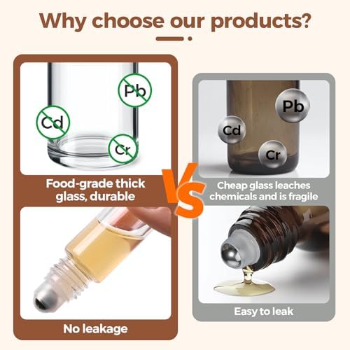 ComSaf 24 Pcs 10ml Roller Bottles for Essential Oils Leak Proof Roller Ball Bottle Set with Clear Glass Containers Dropper and Funnel for Travel Use