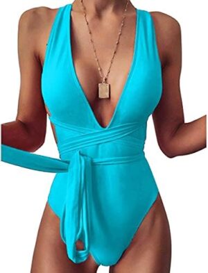 Women's Plunge V Neck Crisscross Back High Cut Thong Bikini One Piece Swimsuit Swimwear