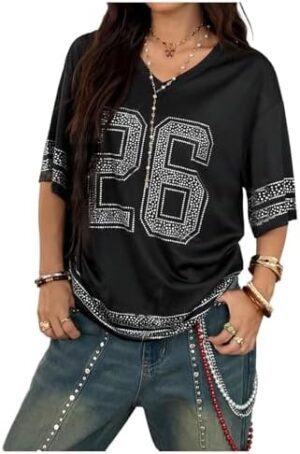 GORGLITTER Women's Football Jersey T Shirts Striped Letter Print V Neck Half Sleeve Summer Top