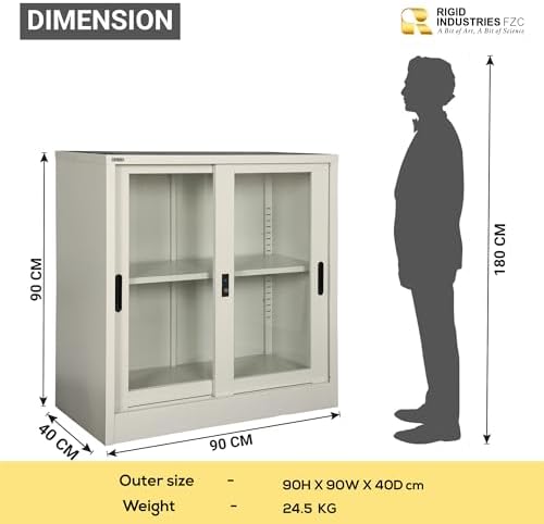 RIGID Steel Cupboard with 2 Compartments | Low Height Wardrobe with Glass Door & Adjustable Shelves | Sliding Door Storage Cabinet for Home, Office and Living Room (40D * 90W * 90H cm) (Grey)