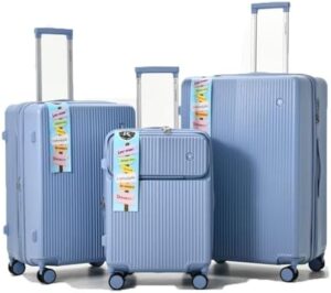 Trolley Travel Luggage Suitcase Set with Front Opening Carrying Cabin Bag Hardshell Bottle Holder Hand Bag 360° Spinner Wheels Lightweight (LIGHT BLUE, 3 PCS SET)