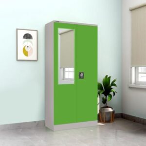 RIGID Steel 2 Door Cupboard | Wardrobe with Clothes-Hanging Space, Shelving and Front Door Mirror | Storage Cabinet for Home Living Room Bedroom (Grey & Green, 45D x 90W x 183H CM) Fully Assembled