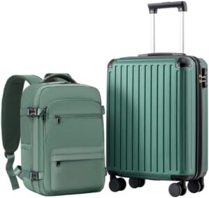COOLIFE Carry-On Luggage 55×40×20cm + Cabin Bag 40×25×20cm for Emirates & Etihad Airways, 20 Inch Cabin Luggage Sets Hard Shell Lightweight Suitcase for Travel, TSA Lock & 4 Spinner Wheels, Dark Green