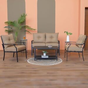 Danube Home Amy 4-Seater Outdoor Sofa Set | Steel Frame Garden Furniture I Modern Design Lounge Sofa Sets | 4 Pieces Outdoor Seating Table And Chairs Set For Patio Balcony Lawn Yard - Beige