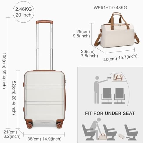 Kono Luggage Sets of 2 Piece Lightweight 52x38x21cm ABS Hard Shell Travel Carry on Suitcase with TSA Combination Lock + Ryanair 40x20x25cm Cabin Bag (Cream White, 20 Inch Luggage Set)