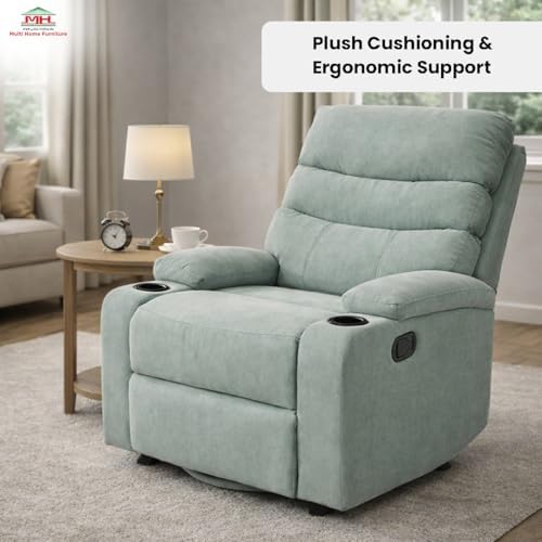 Multi Home Furniture Blue Recliner Chair – Lazy Sofa Chair with Rocking & 360° Swivel Motion, Dual Cup Holder, Remote Control Function, PU Leather Sofa Fabric Recliner Sofa Single Sofa Living Room