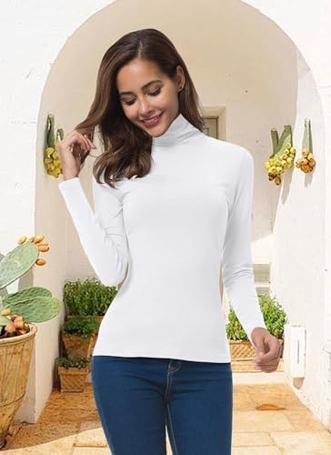 Women Long Sleeve Turtleneck Shirts Solid Color Lightweight Thermal Winter Casual Outfit, White, S
