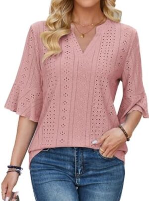 Women's 3/4 Length Sleeve Womens Eyelet Tops Loose V-Neck T-Shirts Dressy Casual Ruffle Sleeve Blouses