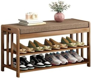 Wooden Shoe Rack With Bench, Shoe Cabinet with Seat, Bamboo Free Standing Entryway Closed Shoes Organizer, Multi-Function Storage Shelf, Wood-Made Home House Office Furniture, Boots Stands (90CM)