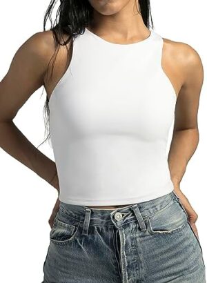 Colorfulkoala Crew Neck Cropped Tank Top for Women Sleeveless Double Lined Crop Yoga Shirts