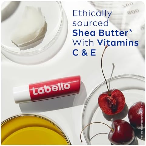 Labello Cherry Shine Lip Balm, 24H Melt-In Moisture, with Shea Butter and Natural Oils Enriched with Vitamins, with Natural Ingredients, Mineral Oil Free, Vegan, 4.8g