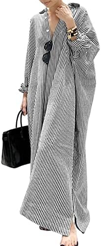 utcoco Womens Striped Long Sleeve Dress Casual Loose Button Down Cotton Maxi Shirt Dress
