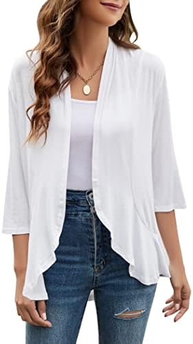 Yekaty Women Cardigan 3/4 Sleeves Open Front Lightweight Cardigan Draped Ruffles Knit Cardigan