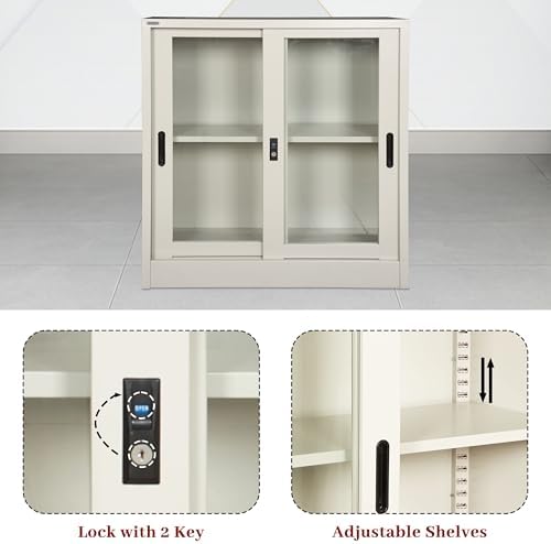 RIGID Steel Cupboard with 2 Compartments | Low Height Wardrobe with Glass Door & Adjustable Shelves | Sliding Door Storage Cabinet for Home, Office and Living Room (40D * 90W * 90H cm) (Grey)