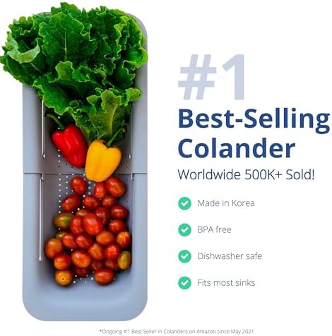 BLUE GINKGO Over the Sink Colander Strainer Basket - Wash Vegetables and Fruits, Drain Cooked Pasta and Dry Dishes - Extendable - New Home Kitchen Essentials (7.9W x 14-19L x 2.75H) - Gray