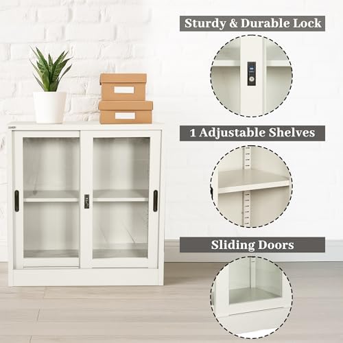 RIGID Steel Cupboard with 2 Compartments | Low Height Wardrobe with Glass Door & Adjustable Shelves | Sliding Door Storage Cabinet for Home, Office and Living Room (40D * 90W * 90H cm) (Grey)