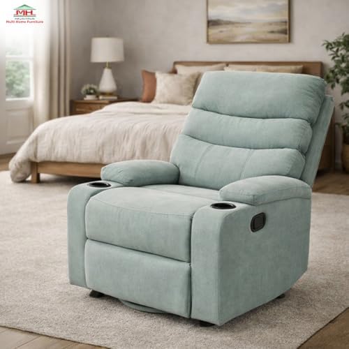Multi Home Furniture Blue Recliner Chair – Lazy Sofa Chair with Rocking & 360° Swivel Motion, Dual Cup Holder, Remote Control Function, PU Leather Sofa Fabric Recliner Sofa Single Sofa Living Room