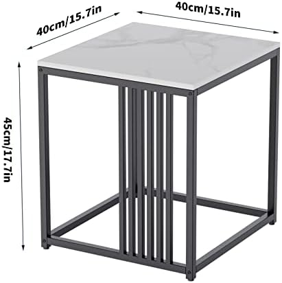 Wisfor Marble Top Nightstand White: Square Sintered Stone End Table with Black Metal Frame Modern Bedside Sofa Side Accent Tables Home Furniture, 40 x 40 x 45 CM