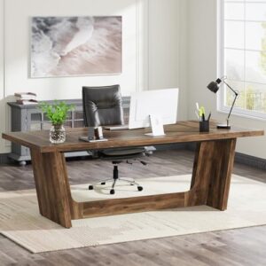 Tribesigns Office Table 180cm Computer Desk,Large Home Office Desk with Solid Wooden Pedestal, Industrial Wood Study Writing Table, Workstation Business Furniture, Brown