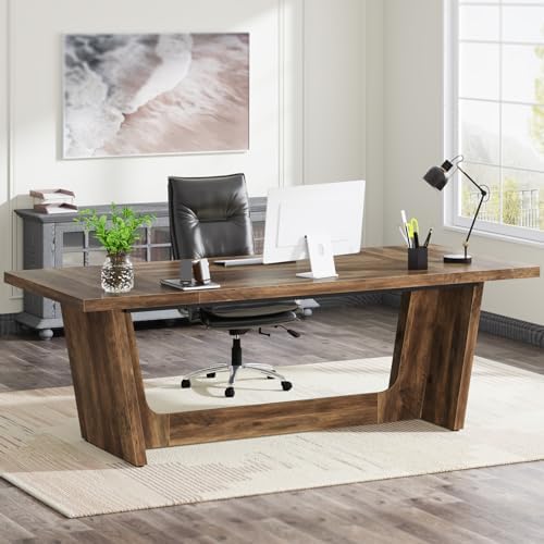 Tribesigns Office Table 180cm Computer Desk,Large Home Office Desk with Solid Wooden Pedestal, Industrial Wood Study Writing Table, Workstation Business Furniture, Brown