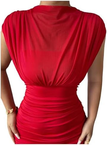 GORGLITTER Women's Ruched Flared Flowy Maxi Dresses Mock Neck Cap Sleeve Elegant Summer Dress