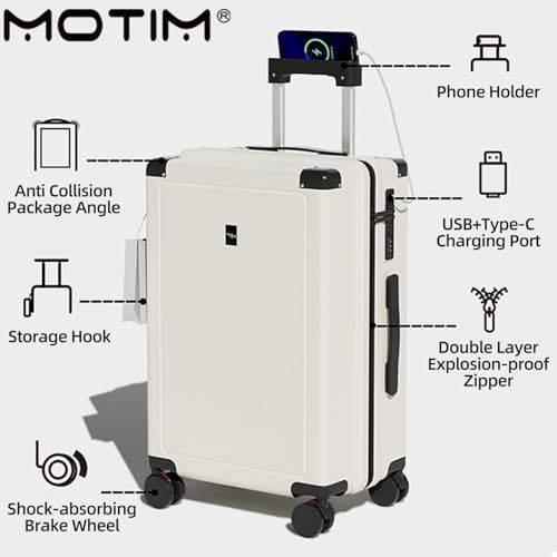MOTIM Carry-on Suitcase for Women Men, Luggage with Charge, Travel Bag with 360° Spinner Wheels, Lightweight Textured Hard Shell, Password Lock, White, hard side (20inch)
