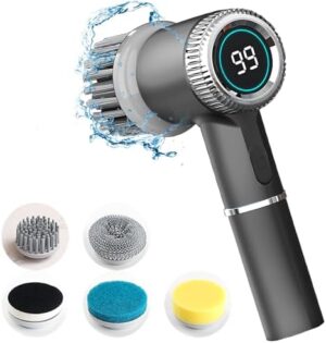 Rechargeable Electric Spin Scrubber,Uoexziyi Cordless Cleaning Brush with Long Handle,3 Replaceable Brush Heads Shower Scrubber for Bathroom Tub,Floor,Tile,Kitchen and Shoes(Gray)