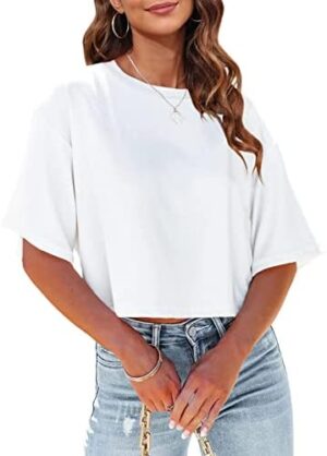 Fisoew Women Half Sleeve Cropped T-Shirts Drop Shoulder Round Neck Crop Tops Casual Summer Solid Color Basic Tees