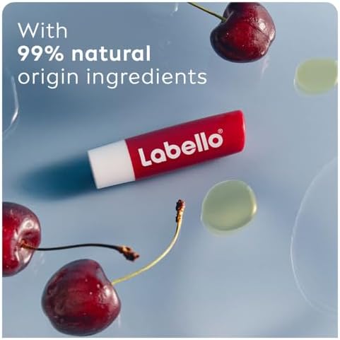 Labello Cherry Shine Lip Balm, 24H Melt-In Moisture, with Shea Butter and Natural Oils Enriched with Vitamins, with Natural Ingredients, Mineral Oil Free, Vegan, 4.8g