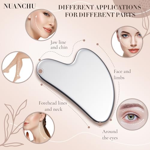 Nuanchu Stainless Steel Gua Sha Facial Tools Mother's Day Self Care Gifts Guasha for Face Metal Gua Sha Tighten Skin Massage Guasha Beauty Tool for Body Eyes Massager with Travel Pouch(Silver)