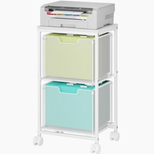Rolling File Cart with 2 Storage Drawers,Under Desk Storage Cart,Hanging File Folder Organizer with Wheels, Filing Cabinet Mobile Printer Stand Utility Craft Cart for Home Office,White