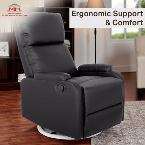 Multi Home Furniture Black Recliner Chair for Living Room – Modern Push Back Lazy Sofa Chair with 360° Swivel, Faux Leather Recliner Sofa, Single Sofa Seater Armchair Lounge Chair Sofa for Home